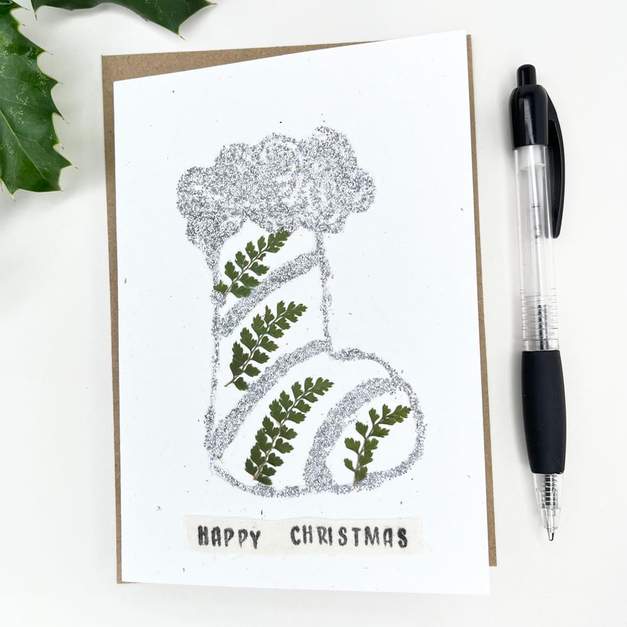 Handmade Real Pressed Ferns Christmas Stocking Card