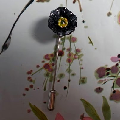 TINY BLACK POPPY PIN Black Floral Remembrance Corsage Lapel Brooch HAND PAINTED