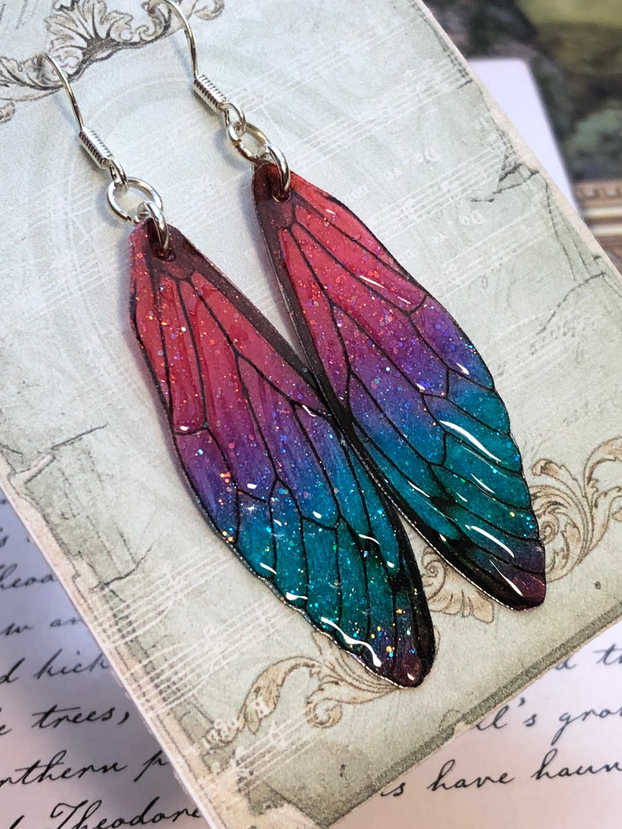 Deep Red Purple Blue and Green Colourful Fairy Wing Sterling Silver Earrings