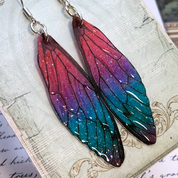 Deep Red Purple Blue and Green Colourful Fairy Wing Sterling Silver Earrings