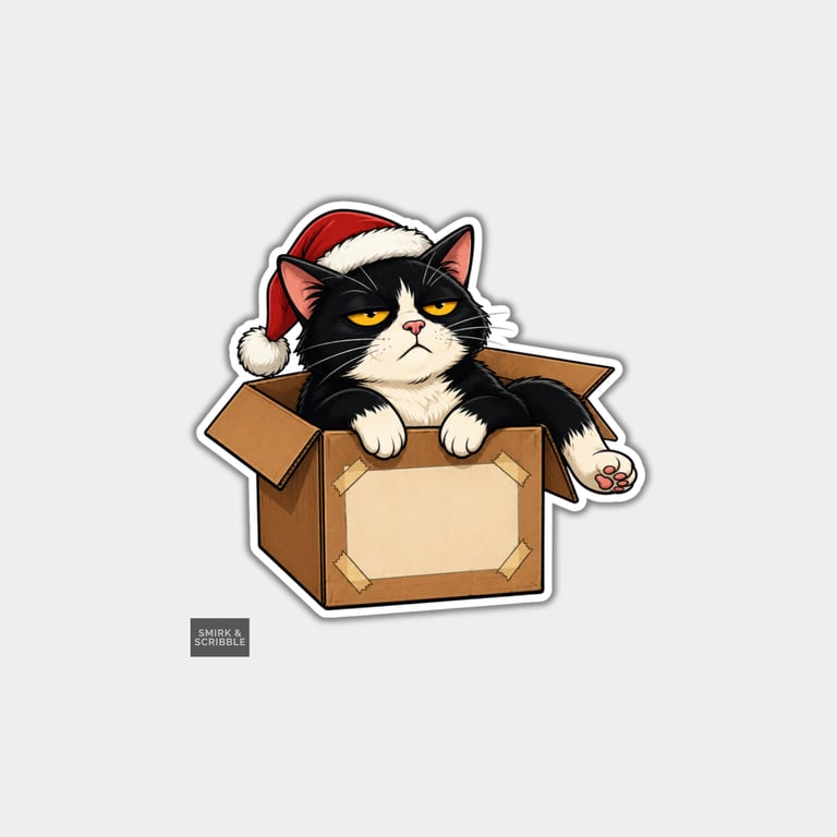 Funny Christmas Sticker Vinyl Xmas Decal For Adults - Cute Grumpy Cat In Box