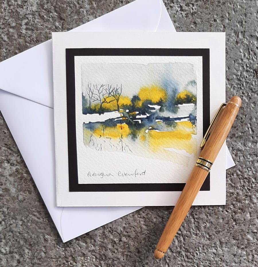 Golden Reflections With Trees. Abstract Blank Handpainted Gift Greetings Card.