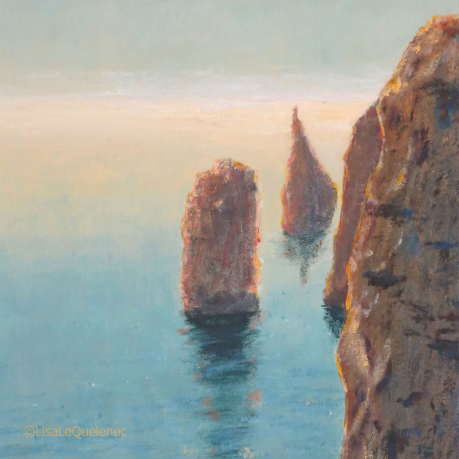 Original acrylic painting Handfast Point sunset, Dorset, coastal sea seascape