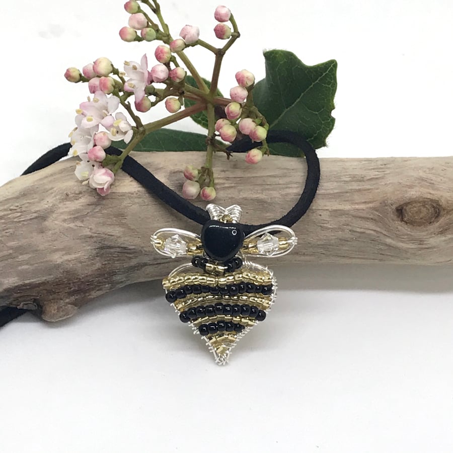 Silver Heart Shaped Bee Pendant
