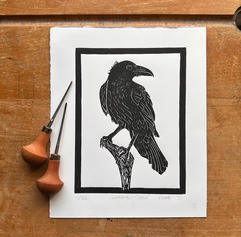 ‘Watchful Crow’ Linocut Print 