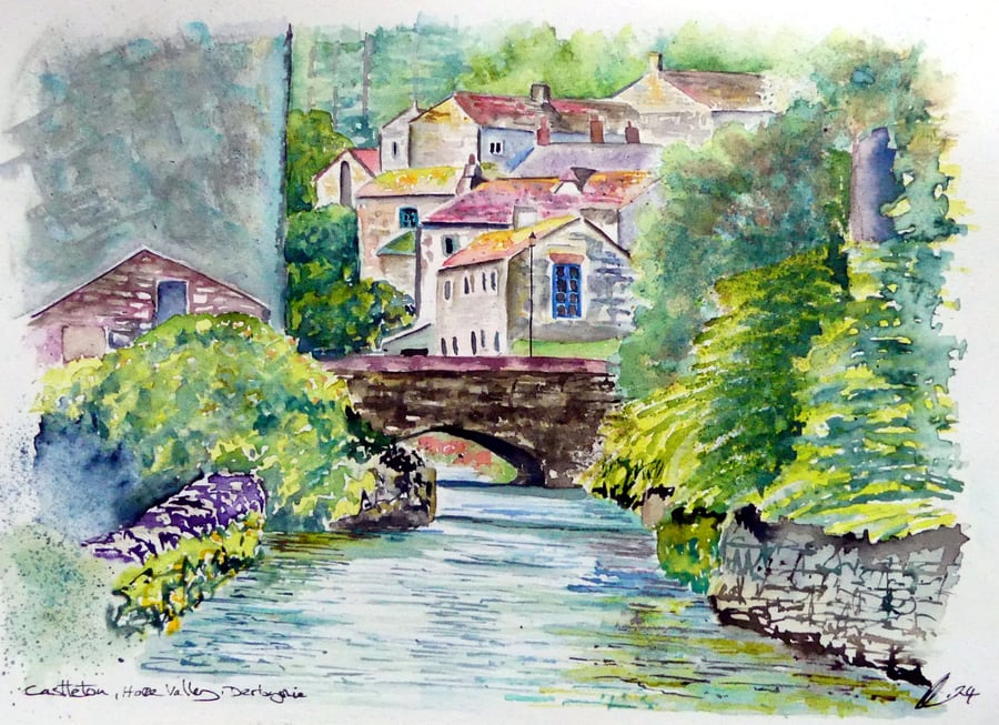 Village Street  Bridge Over River Impressionist Original Watercolour Painting 