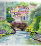 Framed Impressionist Watercolour Painting Village Street  Bridge Over River  - Image 1