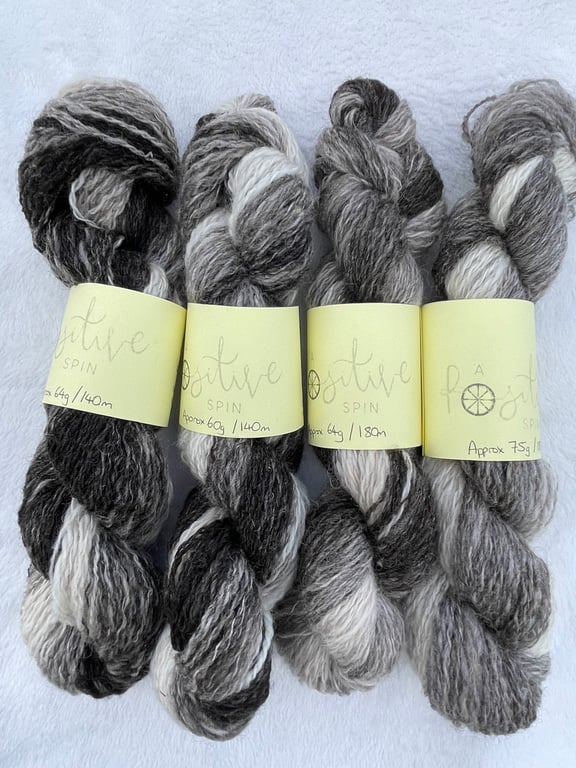 Hand-spun Jacob wool, natural gradient spin