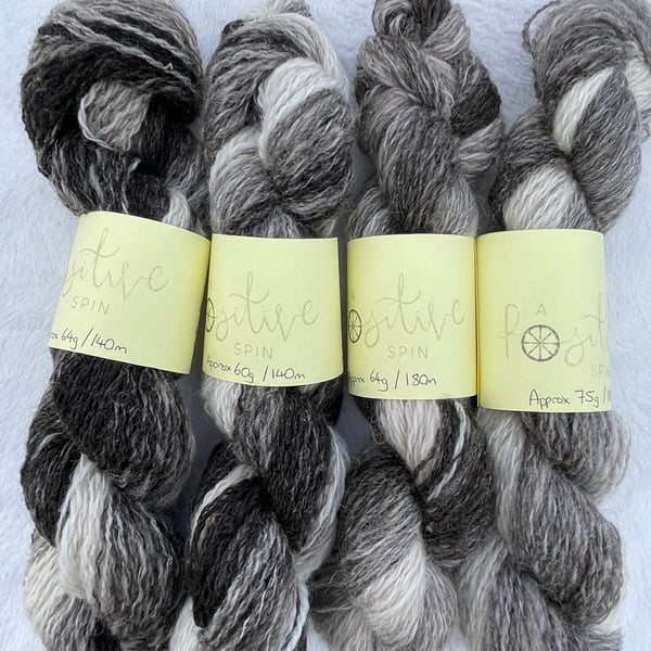 Hand-spun Jacob wool, natural gradient spin
