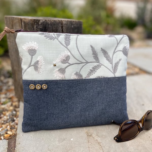 Reclaimed denim and embroidered cotton book pouch zip bag