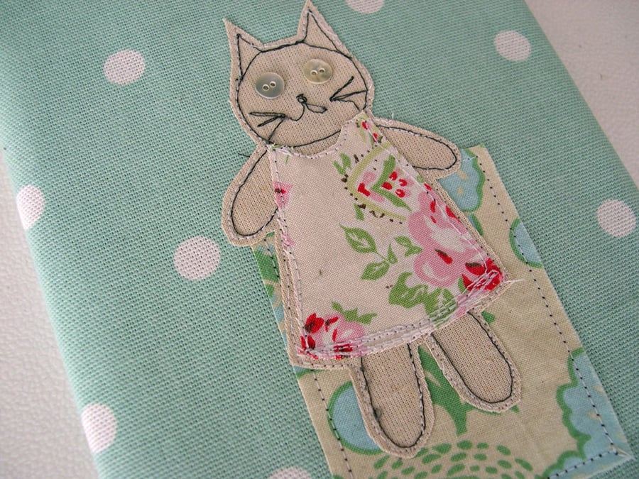 A5 Textile Applique Cat Diary 2015 in Aqua Polka Dot and Cath Kidston Fabric