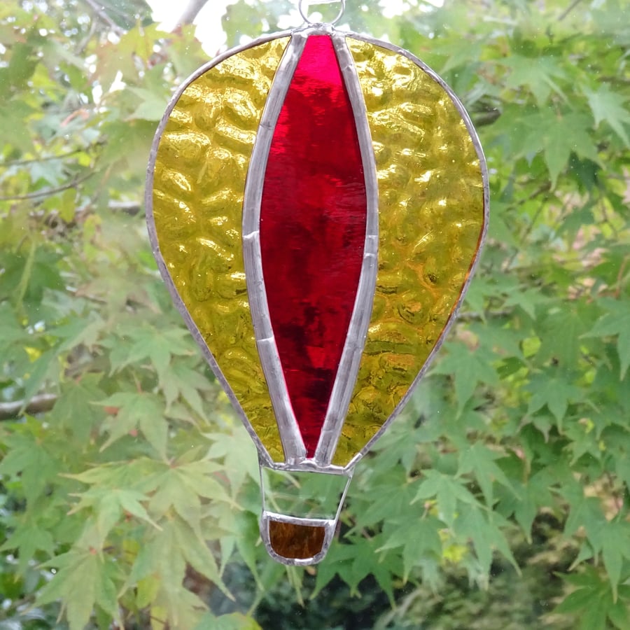 Stained Glass Hot Air Balloon Suncatcher - Handmade Decoration - Red and Amber