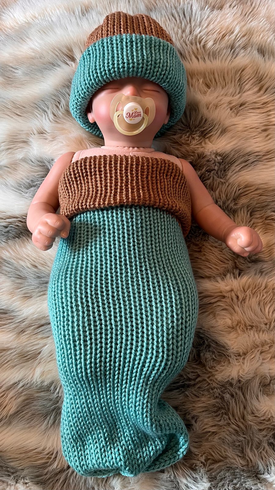 Newborn handmade, knitted, baby, swaddle, sack, cocoon, and hat - teal brown