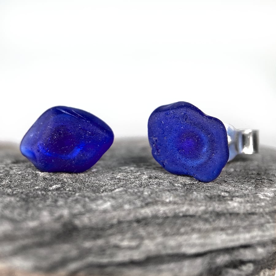 Sea Glass Stud Earrings - Sterling Silver Blue Beach Glass Scottish Jewellery