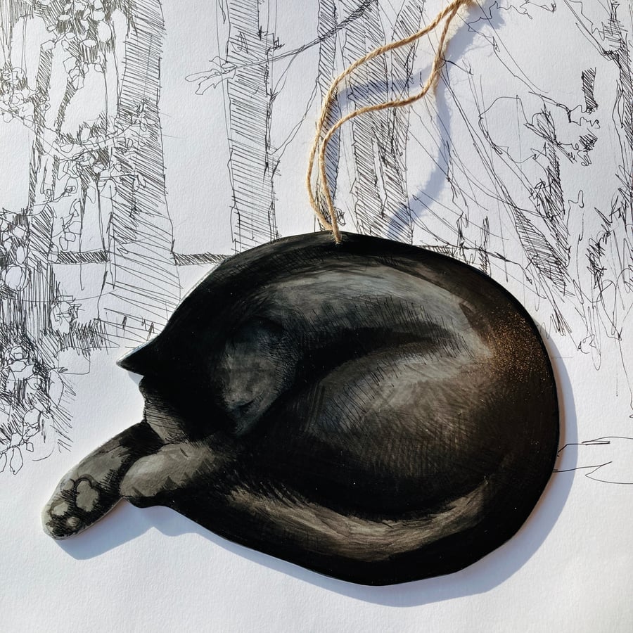 Sleeping black cat, handmade, handpainted black cat, hanging cat decoration.