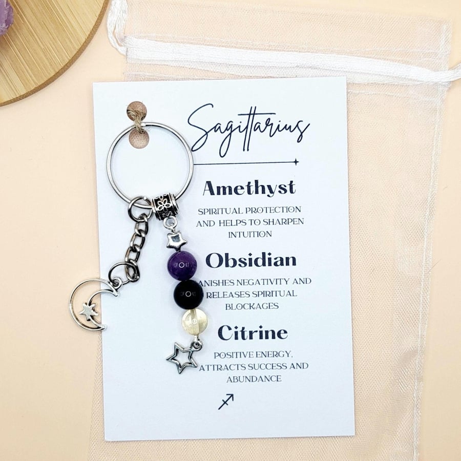 Sagittarius Zodiac Gemstone Keyring, Star Sign Crystals Keychain Gift 