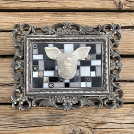 Mosaic wall hanging. Ceramic Pig Head in vintage frame with mosaic tile and mill