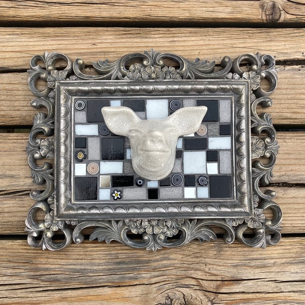Mosaic wall hanging. Ceramic Pig Head in vintage frame with mosaic tile and mill