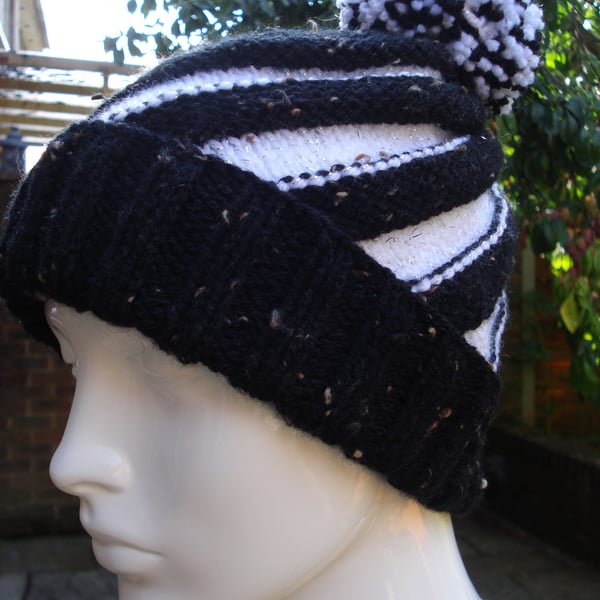 Black and White Aran Hat With A Twist And A Sparkle Adult Medium To Large (R344)