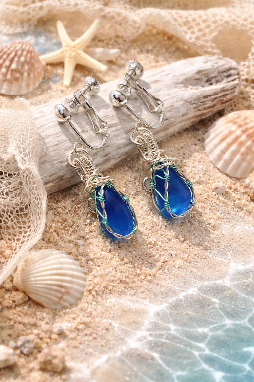 Blue Sea Glass Clip On Earrings – Genuine Beach Glass Jewellery – Non pierced 