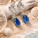 Blue Sea Glass Clip On Earrings – Genuine Beach Glass Jewellery – Non pierced 
