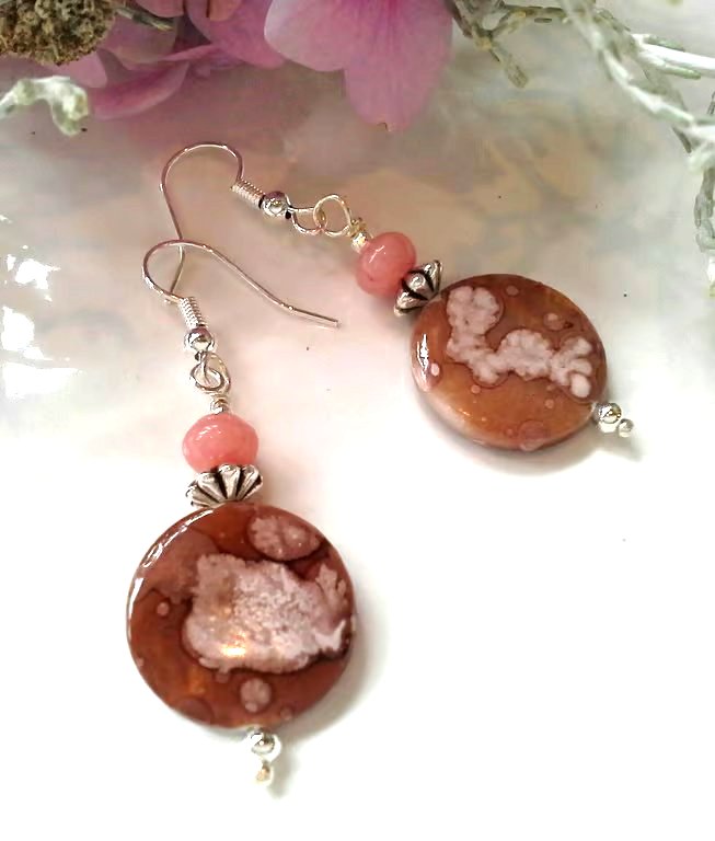 Printed Mother of Pearl & Pink Jasper Silver Plated Earrings