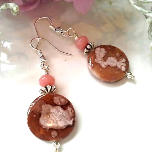 Printed Mother of Pearl & Pink Jasper Silver Plated Earrings