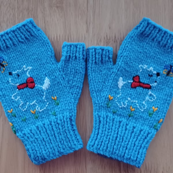 Knitted Blue Gloves With Embroidered Little Dog And Butterfly (J105)