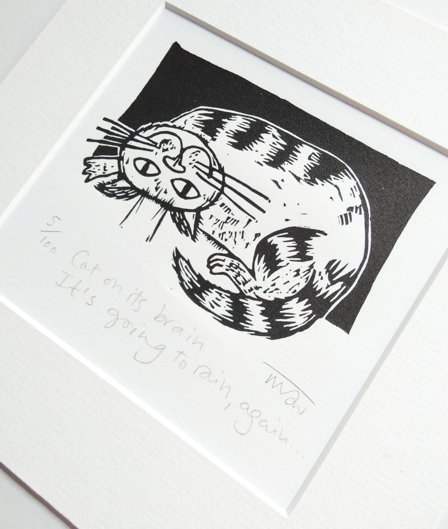 Cat on its brain... - Original lino print - cat art, cat print, cats,