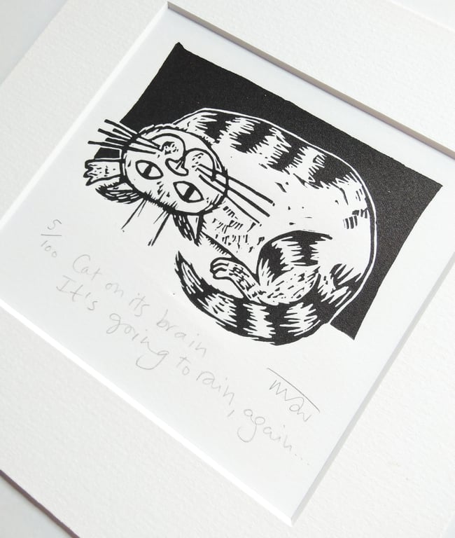 Cat on its brain... - Original lino print - cat art, cat print, cats,