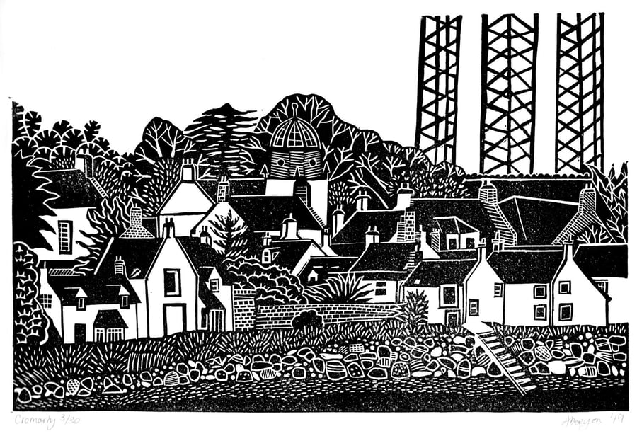 Original lino cut print CROMARTY beach  fishing village