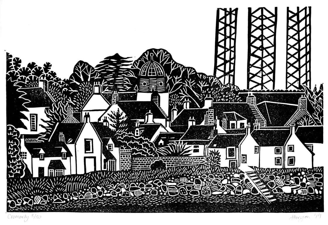 Original lino cut print CROMARTY beach  fishing village