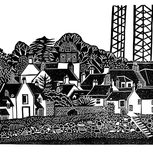 Original lino cut print CROMARTY beach  fishing village