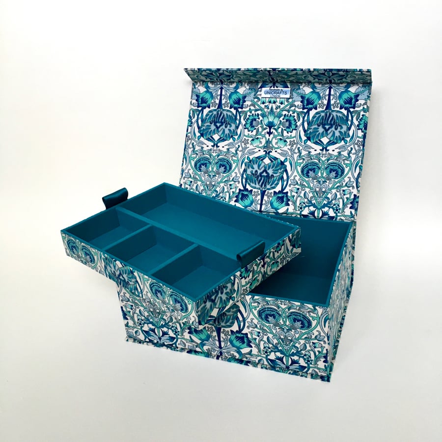 Turquoise Lodden Handmade Box, William Morris Design, Fabric Covered