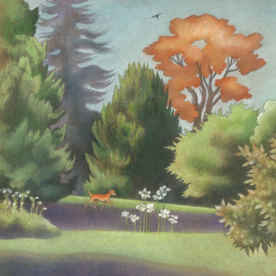 Dog art greeting card - tree art greeting card, orange dog card