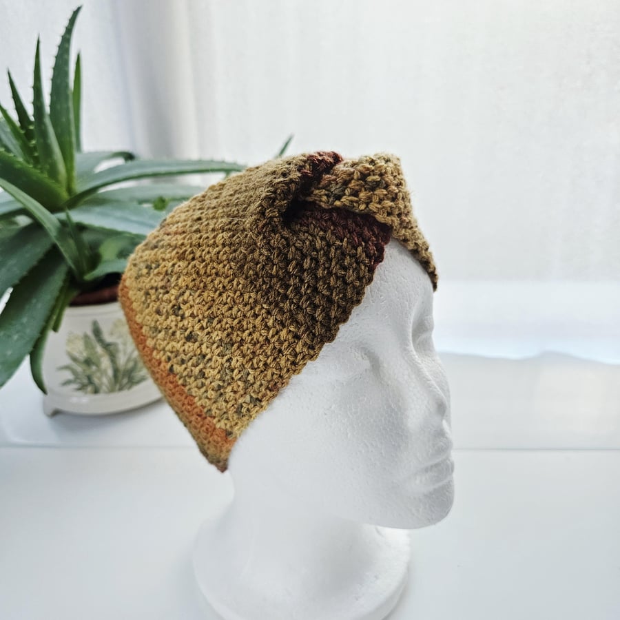 Autumn Aran Ear Warmer, Crochet Twisted Headband