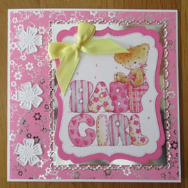 Baby Girl Words & Bear - 7x7" New Baby Card