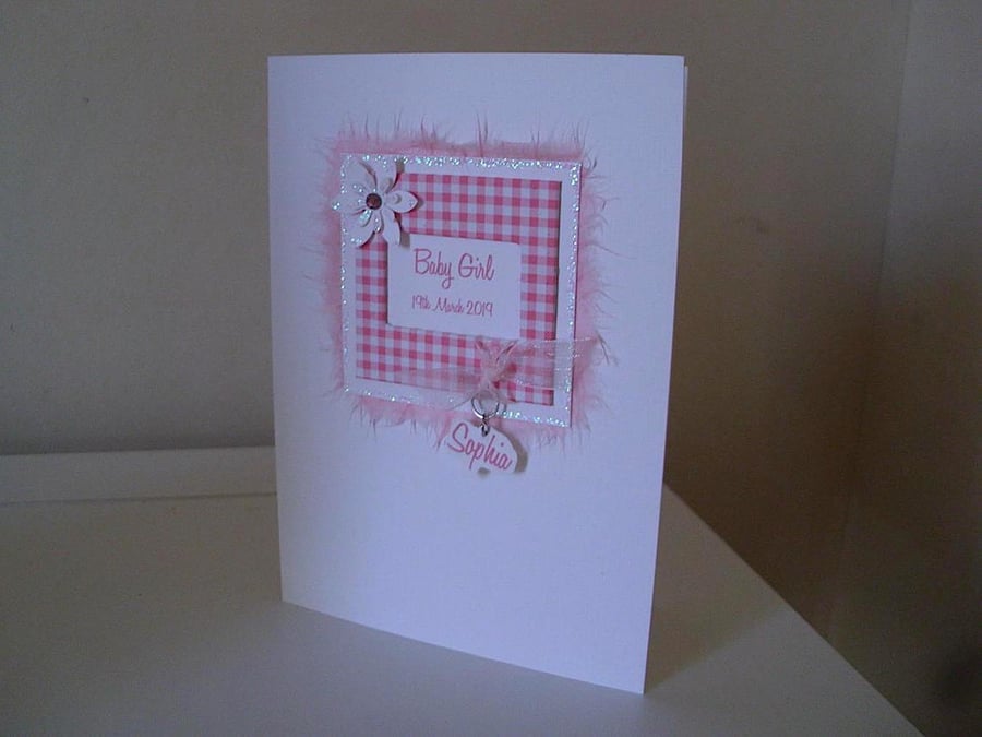 Pink Gingham New Baby Card - Baby Girl - Personalised - Congratulations