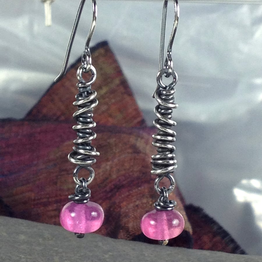 sterling silver and hot pink chalcedony wire wrapped earrings