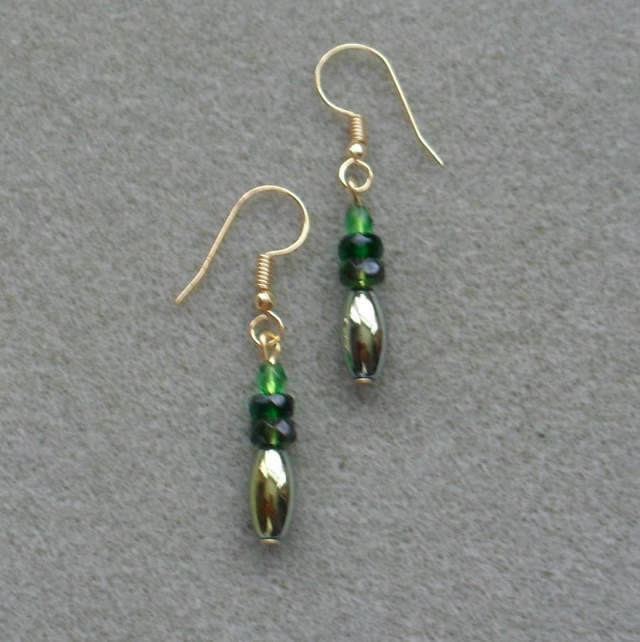 Coated Haematite and Green Czech Glass Drop Earrings Christmas