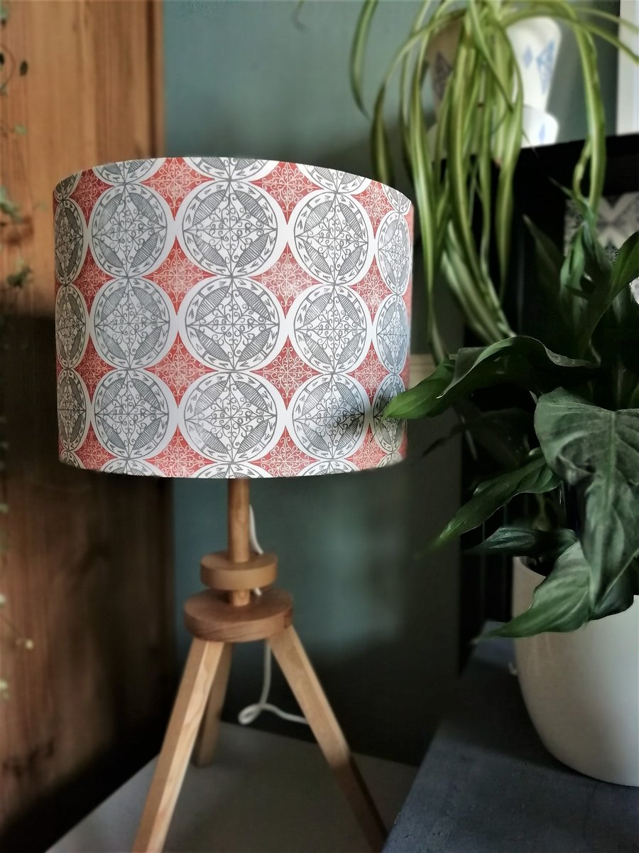 30 cm Orange and Grey Patterned Drum Lampshade