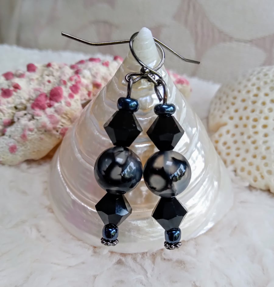 Dragon's Vein gemstones with Swarovski black crystal beaded EARRINGS