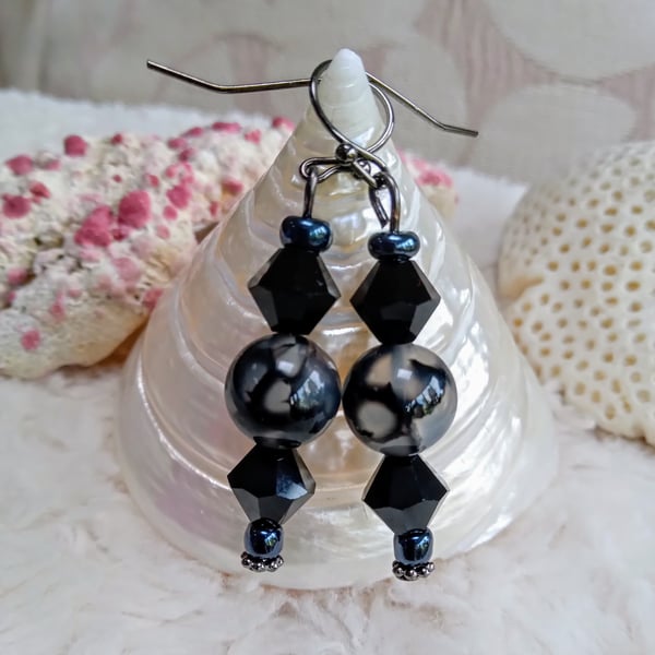 Dragon's Vein gemstones with Swarovski black crystal beaded EARRINGS