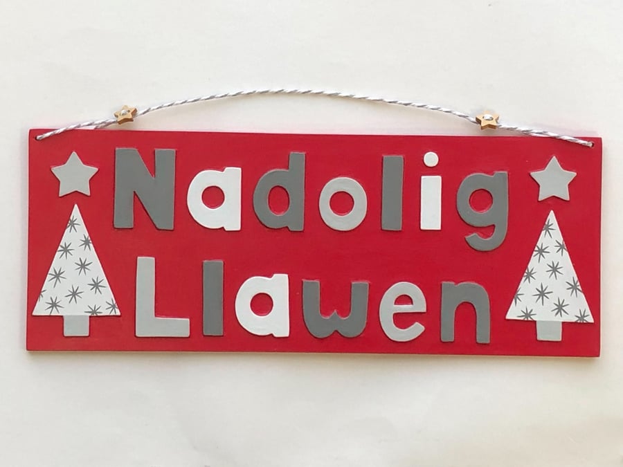 Nadolig llawen, Christmas hanging decorative sign in red, grey and white.