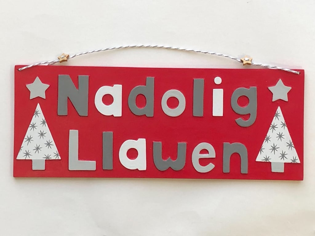 Nadolig llawen, Christmas hanging decorative sign in red, grey and white.