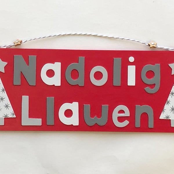 Nadolig llawen, Christmas hanging decorative sign in red, grey and white.