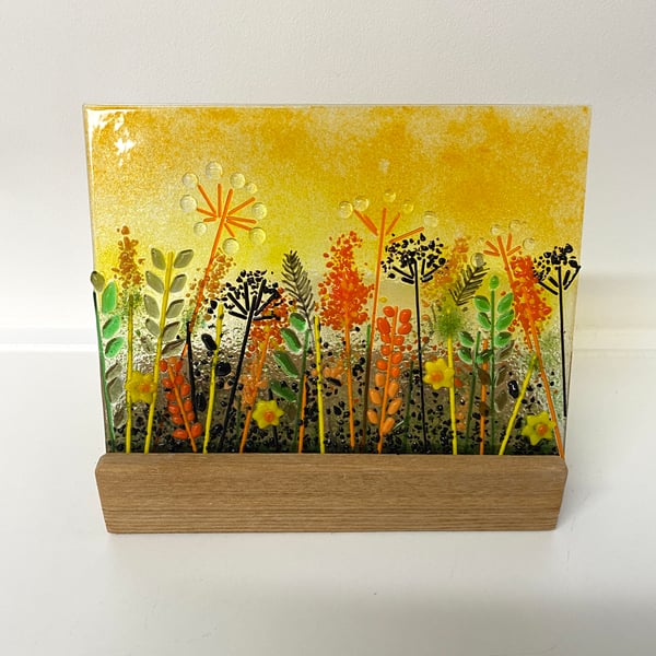 Sunset meadow, fused glass free standing art panel 