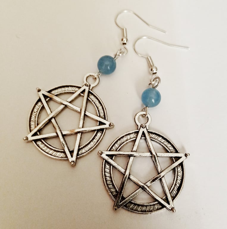 Aquamarine Sky Blue Quartz Pentagram Pentacle Earrings Wicca Pagan