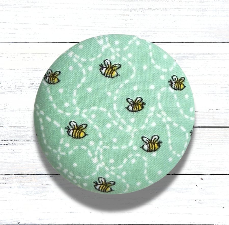 Green Fabric Covered Button Badge Brooch, Handmade, Bee Brooch, Christmas Gift