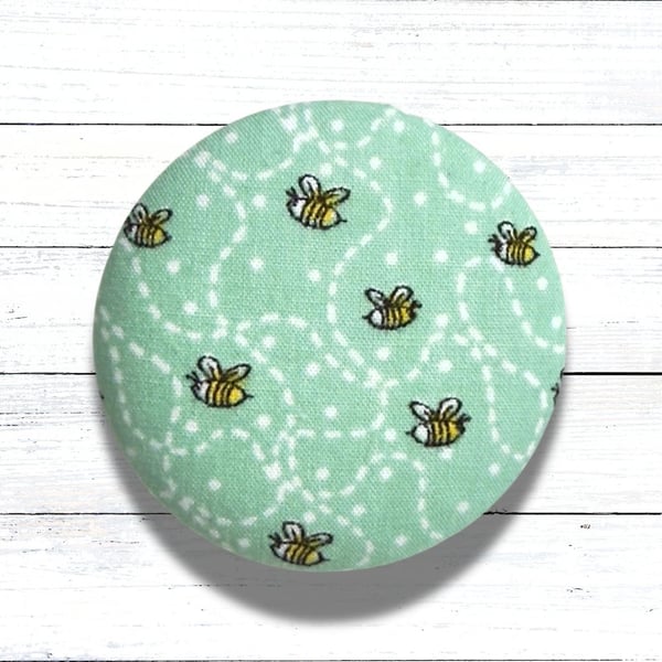 Green Bee Fabric Covered Button Badge Brooch, Handmade